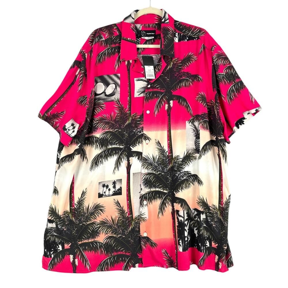 Original Use Pink And Black Short Sleeve Button Up Palm Print Hawaiian Shirt XXL